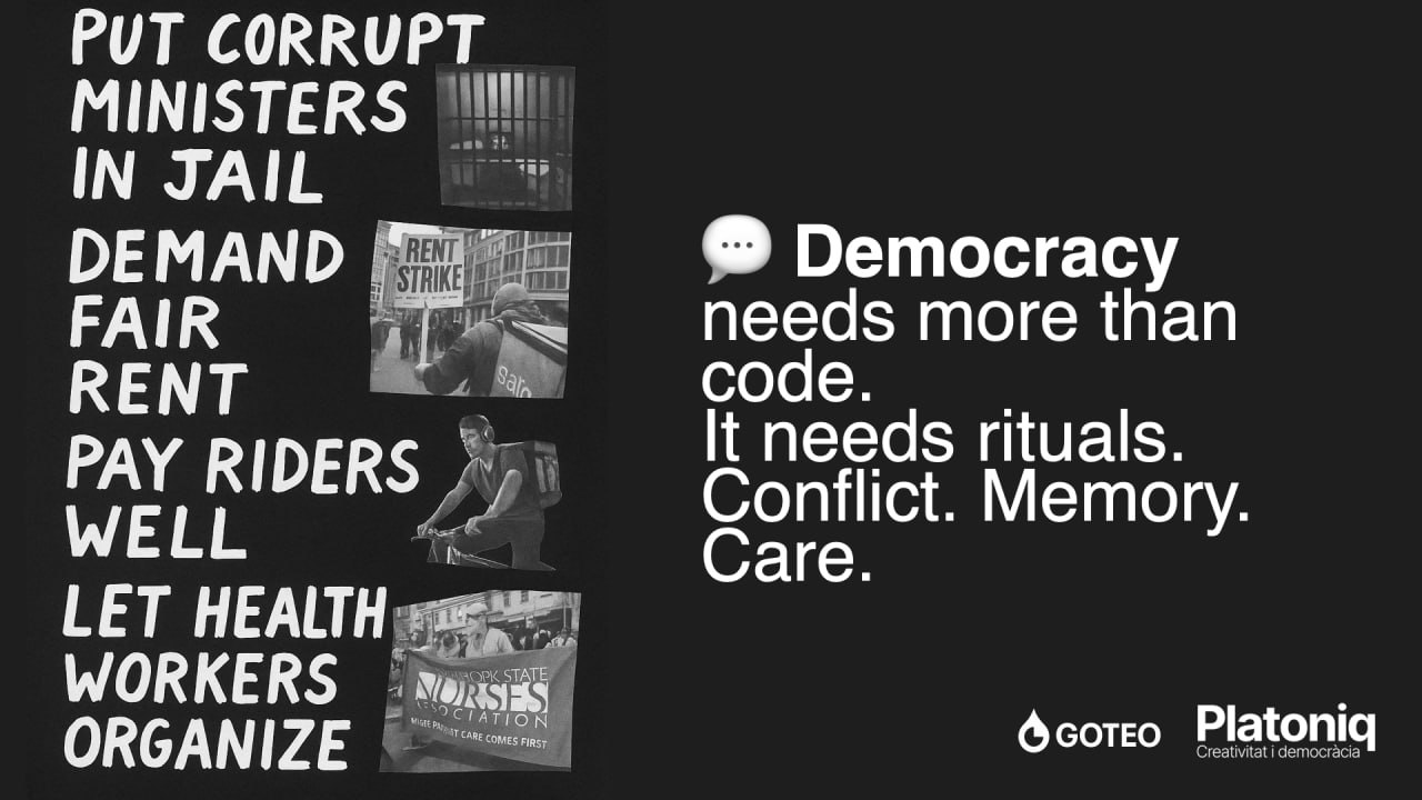 Image with the words: 'Democracy needs more than code' and at the left hand some of the collective actions that have been achieved through Goteo crowdfunding.