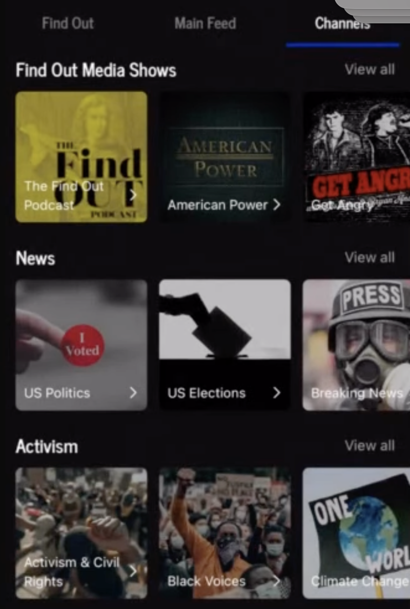 Channels in the Find Out Social app
